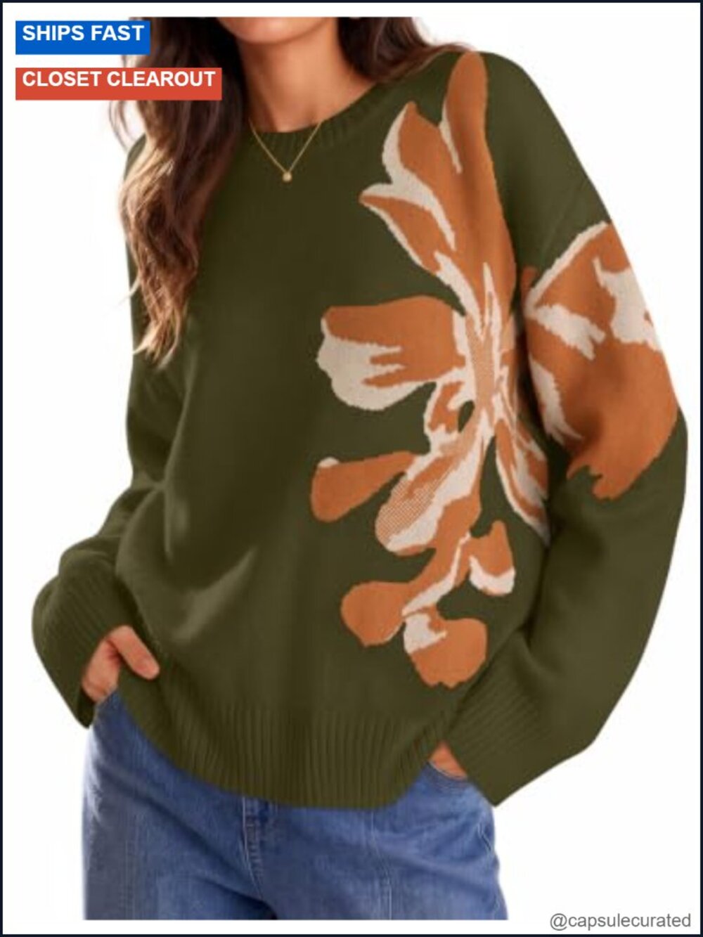 Women's Floral Crew Neck Pullover Sweater Long Sleeve Knit Top